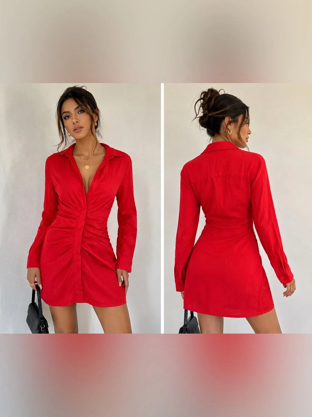 Zara Red Linen Blend Ruched Shirt Dress Size M
